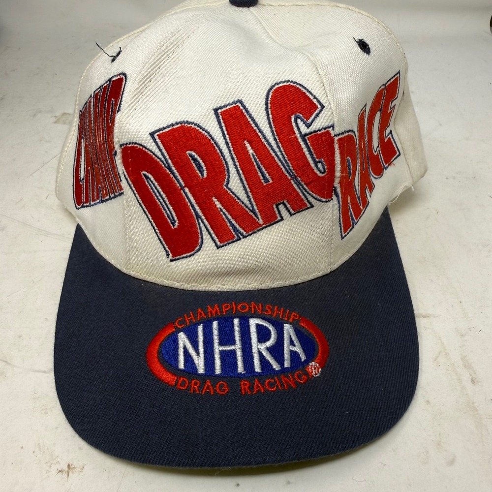 Vintage NHRA Championship Drag Racing Snapback Hat Sport Service White Navy Blue